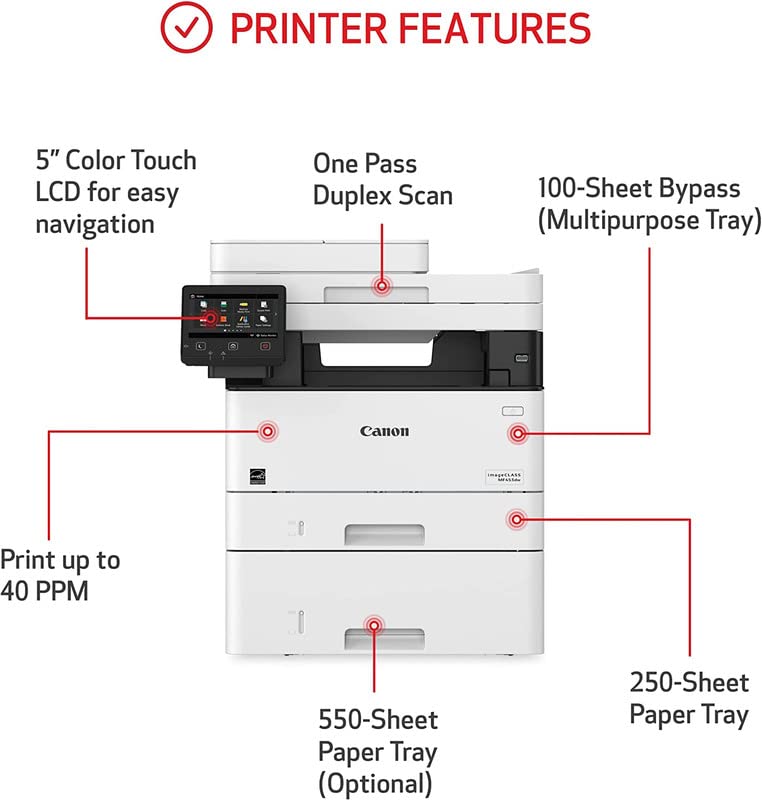 CANON Printer laser imageCLASS MF453dw All-in-One Wireless Monochrome Laser Printer | Print, Copy, & Scan| | 5" Color Touch LCD | One Pass Duplex Scan