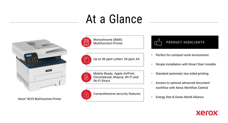 Xerox Printer B225 A4 Black 4 in 1 MFP 36PPM/Copy/Print/Scan/Wifi