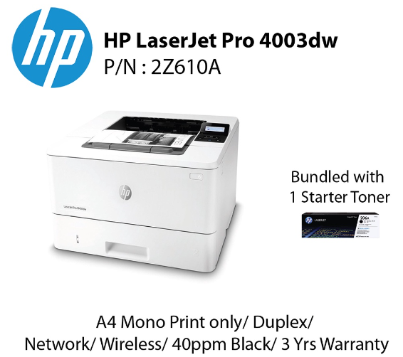 HP Printer New Hardware Black M4003DW/2Z610A USB/Ethernet/Wi-Fi up to 42ppm Duplex (W1510a)